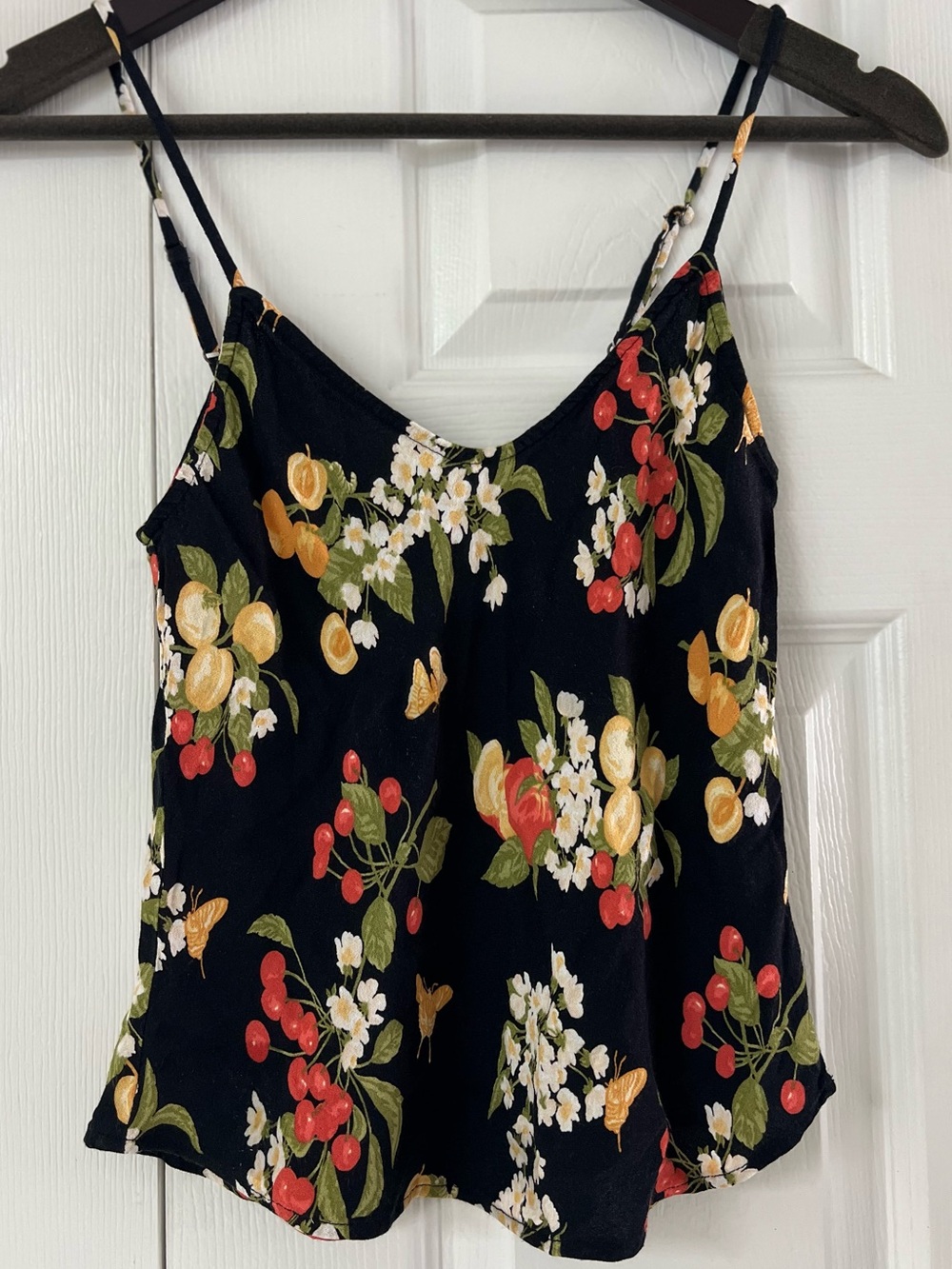 Reformation Black Floral & Fruit Spaghetti Strap Cami